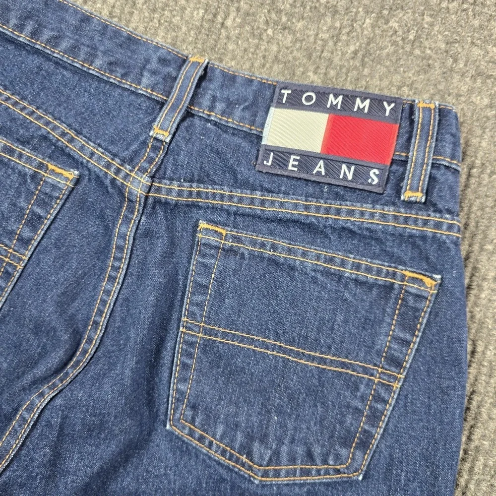 VTG Y2K Tommy Jeans Size 5 Blue Medium Wash Hipster Flare 100% Cotton Flag Patch - Picture 1 of 13